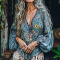 Bohemian Floral Linen Art Print Long Sleeve V-neck Shirt elevenforest