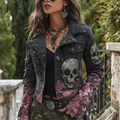 A Retro Women's Black-pink Gradient Denim Jacket With Gothic Skull And Floral Elements Design For Halloween. elevenforest