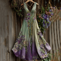 Vintage Classy Gradient Purple Lavender And Floral Embroidered Linen V Neck Maxi Dress elevenforest