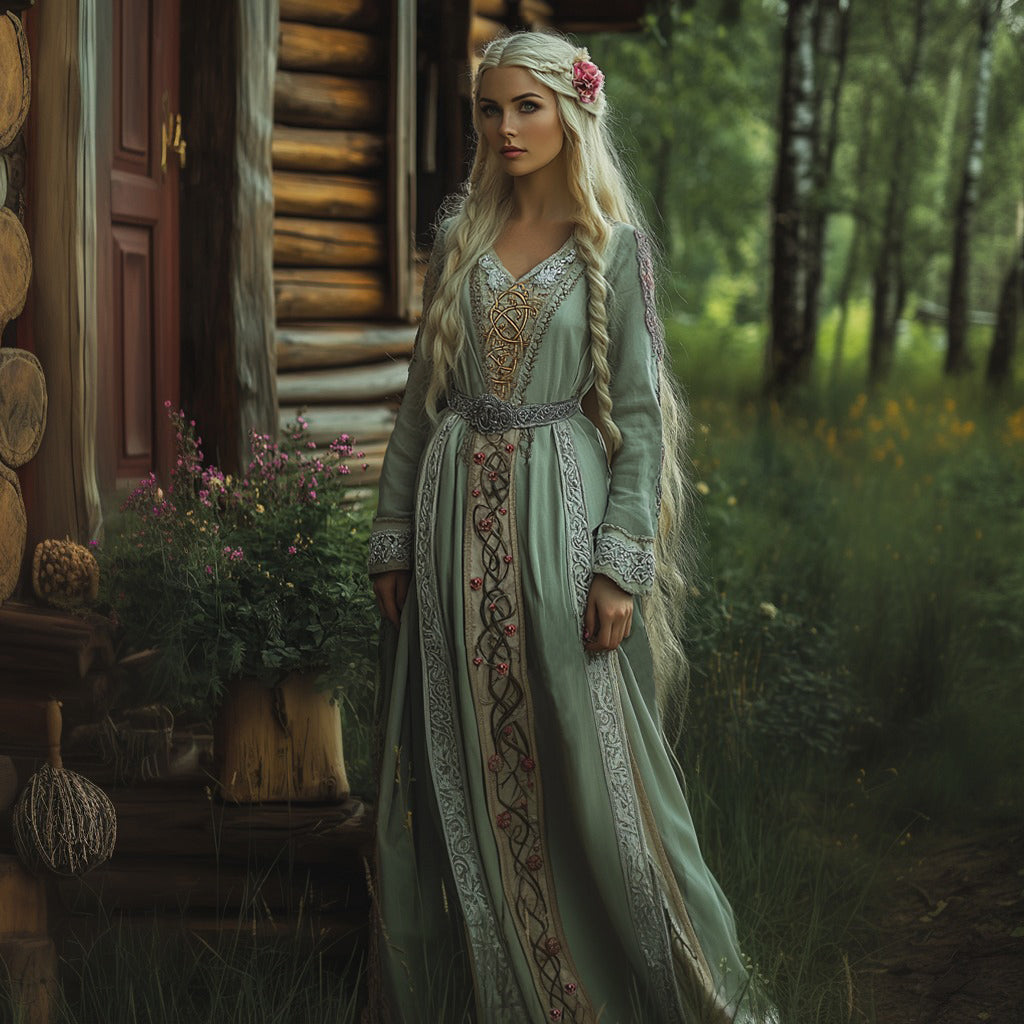 Women's Viking Celtic Rose Design V Neck Maxi Dress elevenforest