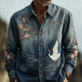 Men's Retro Japanese Cherry Blossom And Crane Art Linen Blend Shirt elevenforest