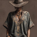 Bohemian Western Style Geometric Pattern Vintage V-neck Short-sleeved Shirt elevenforest