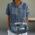 Vintage Japanese Traditional Art Lapel Linen Blend Blouse elevenforest