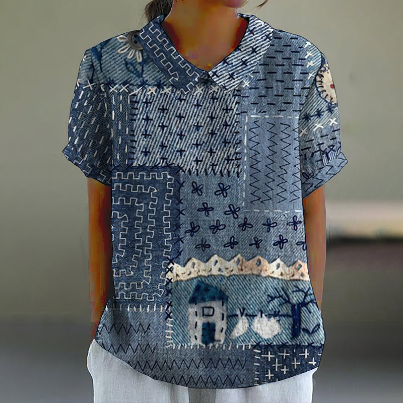 Vintage Japanese Traditional Art Lapel Linen Blend Blouse elevenforest