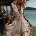 Vintage Floral Art Embroidered Linen Sleeveless Comfy Maxi Dress elevenforest
