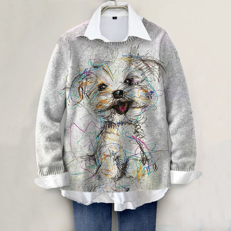 Comstylish Cute Line Dog Art Print Knit Cozy Sweater