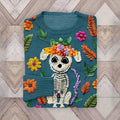 Comstylish Mexican Catrina Day Of The Dead Skull Embroidered Floral Dog Art Crew Neck Sweater