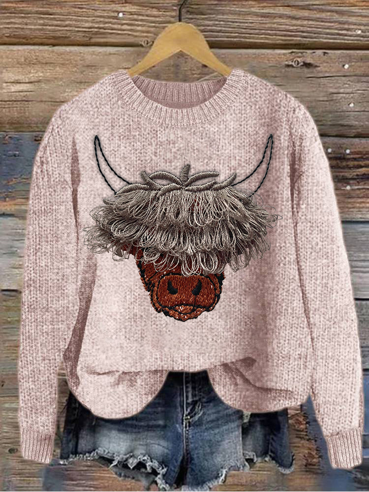 Vintage Highland Cow Embroidery Cozy Knit Sweater artswardrobe