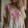 Bohemian Style French Rose Three-dimensional Embroidery Sequin Short Sleeved V-neck Casual Top elevenforest