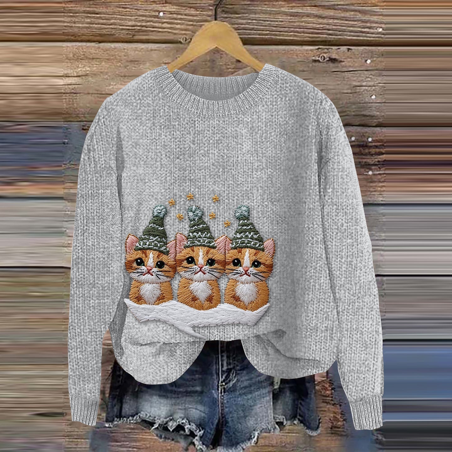 Women's Three Cats Christmas Embroidery Art Cozy Sweater elevenforest