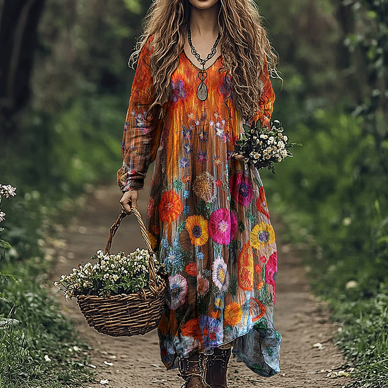 Women's Vintage Floral Patchwork V Neck Midi Dress elevenforest
