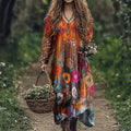 Women's Vintage Floral Patchwork V Neck Midi Dress elevenforest