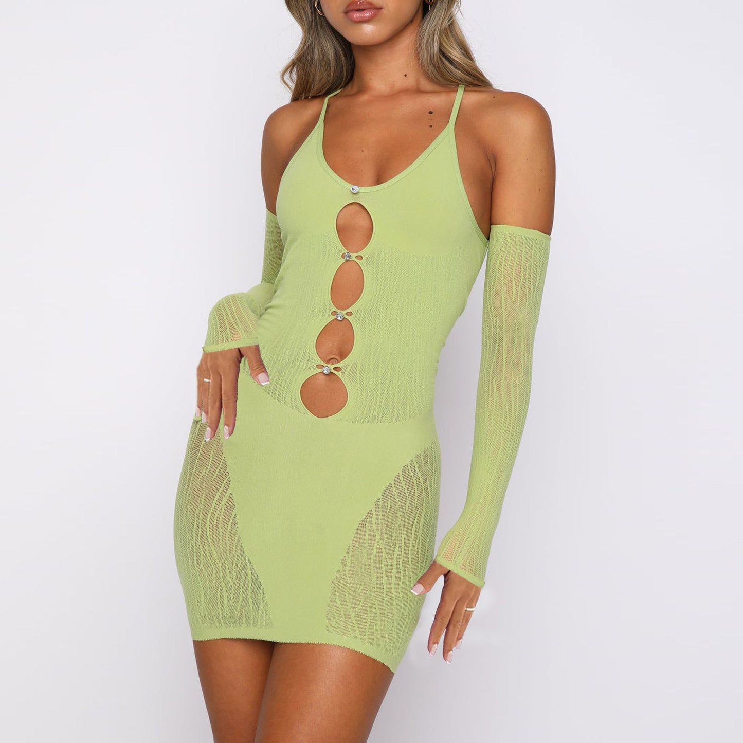 Clothing Sheer Mesh Dress Criss Cross Blouse Backless Diamond Splicing