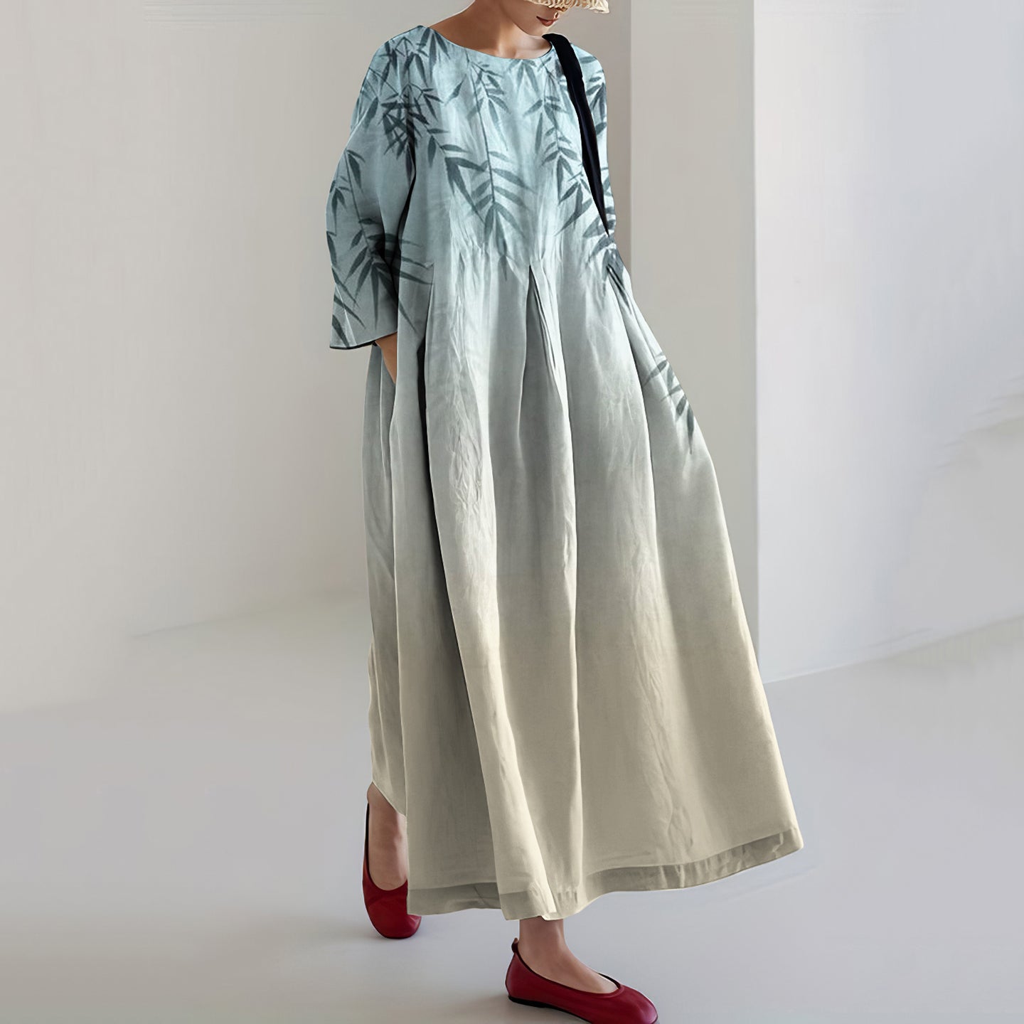 Japanese Bamboo Gradient Art Linen Blend Maxi Dress elevenforest
