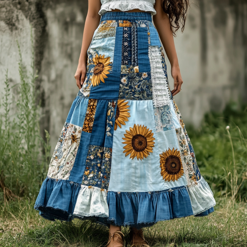 Women's Boho Sunflower Patchwork Art Linen Blend Skirt elevenforest