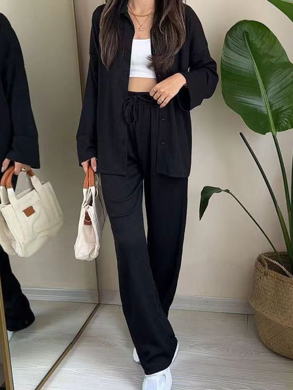 Color High-low Split-side Lapel Blouses + High Waisted Pants Bottom Two Pieces Set