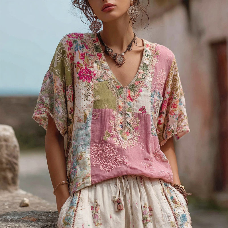 Vintage Pink Flowers Embroidered Patchwork Linen Shirt elevenforest