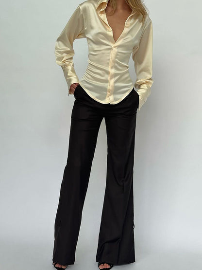 Taruxy Satin Long Sleeve Blouses Back Button Patchwork V Neck Club Party Slim Fit Female Shirt Summer