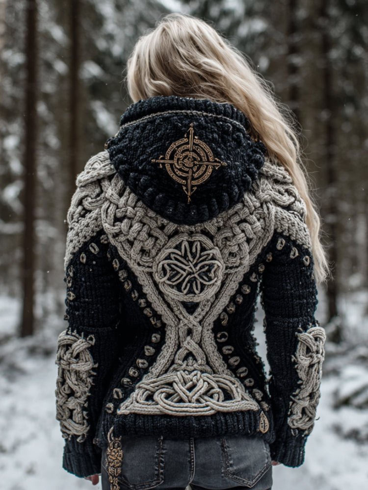 Vintage Viking Compass Celtic Knot Coarse Needle Warm Hooded Sweater artswardrobe