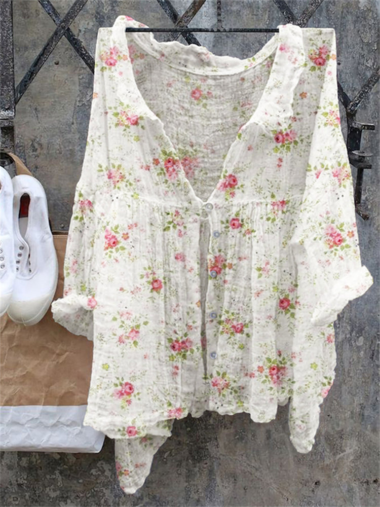 Vintage Roses Floral Buttonthrough Linen Blouse elevenforest