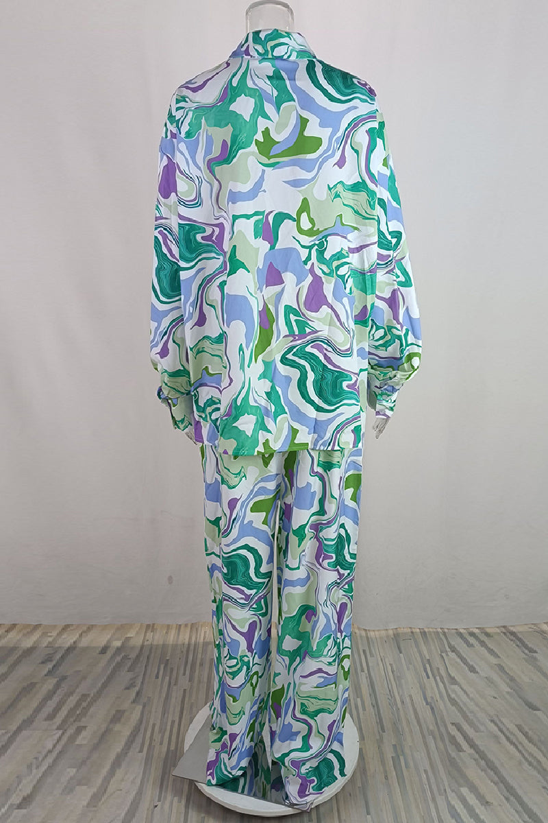 Print Cardigan Pants Turndown Collar Long Sleeve Two Pieces