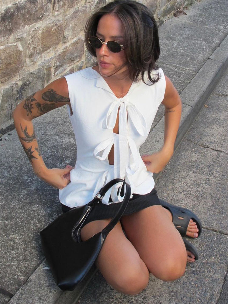 Tossy Bandage Hollow Out Tank Top for Slim Summer Patchwork Lace-up Cropped Top Female Cardigan Y2k Top New