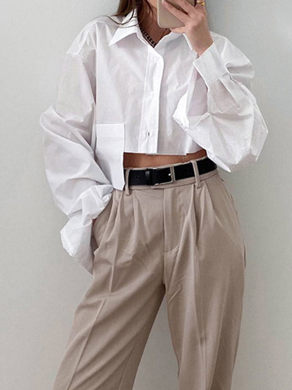 Long Sleeves Loose Asymmetric Buttoned Pockets Color Split-joint Lapel Blouses&shirts Tops