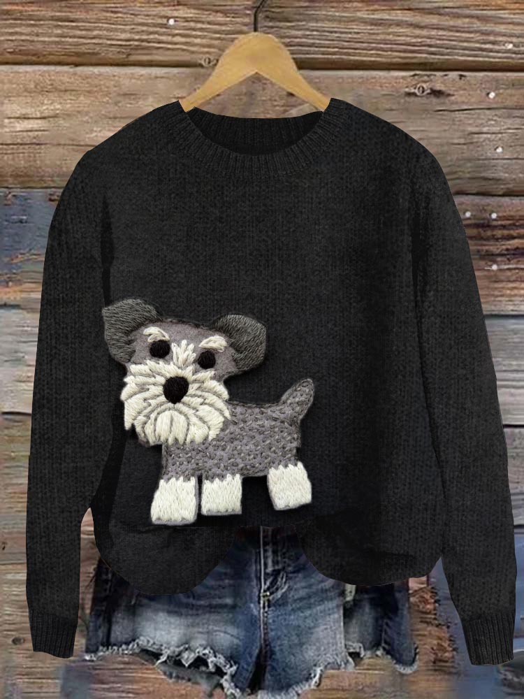 Comstylish Funny Mini Schnauzer Felt Applique Cozy Sweater