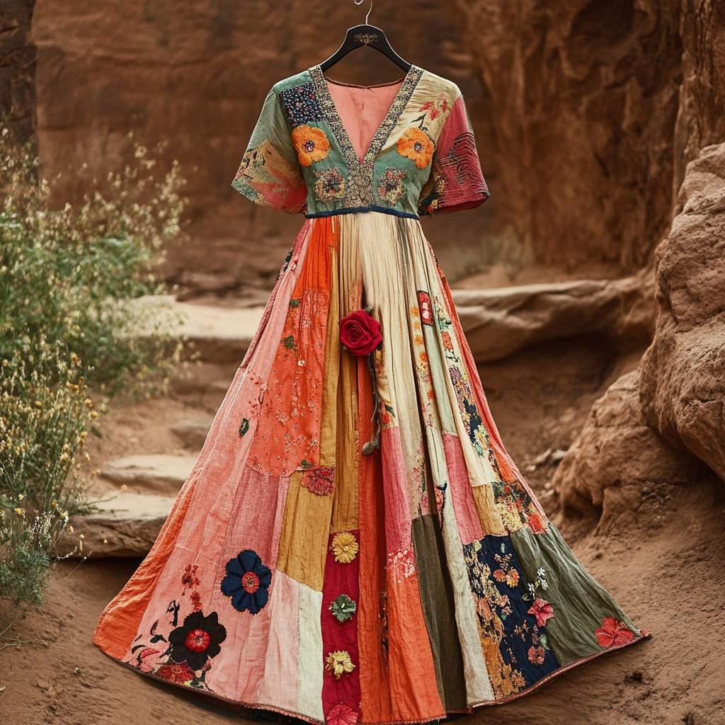 Retro Elegant Fashion Flower Patch V-neck Dress elevenforest