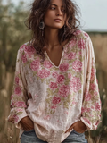 Bohemian Retro Countryside Style Plant Flower Design Cotton And Linen Women's Long-sleeve Shirt elevenforest