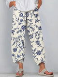 Women's Vintage Blue Floral Print Linen Blend Pants elevenforest