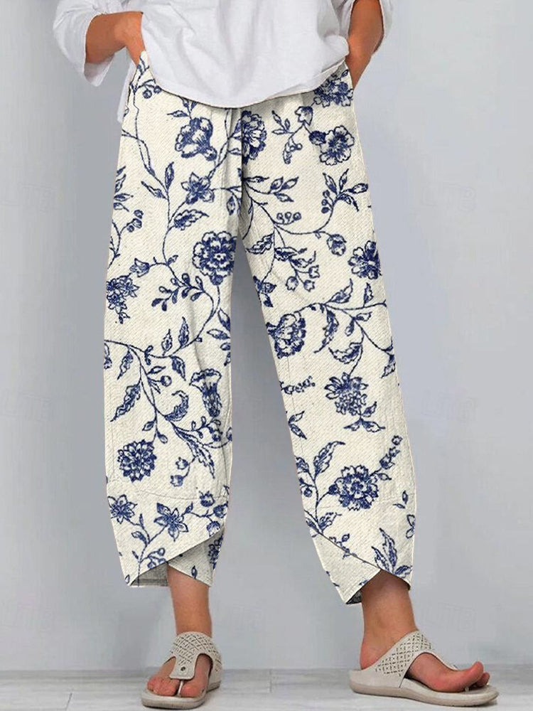 Women's Vintage Blue Floral Print Linen Blend Pants elevenforest