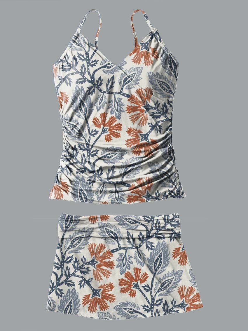 V-Neck Retro Flowers Geometric Art Print Suspender Skirt Tankini Pantskirt Set Swimsuit