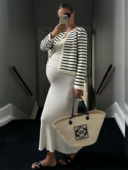 Tossy Striped Knit Sweater Cardigan Coat Female Loose Long Sleeve Slim Patchwork Contrast Outwear Summer Knitwear Coat