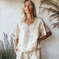 Vintage Floral Art V Neck Cotton Linen Comfy Shirt elevenforest
