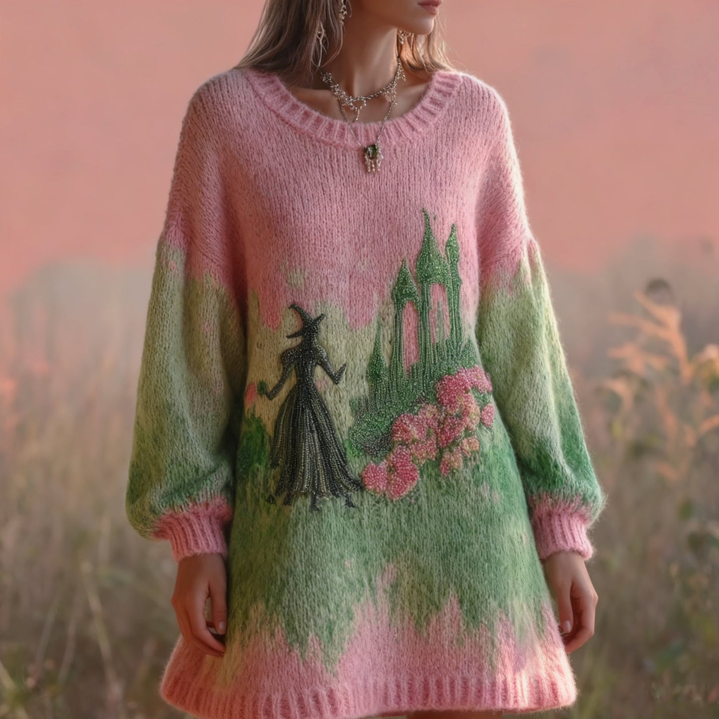 Halloween 2025 Witch Beads Embroidered Knit Sweater Dress artswardrobe