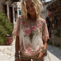 Women's Vintage Pink Floral Pattern Crew Neck T-shirt elevenforest