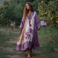 Women's Vintage Ethnic Floral Long Sleeve Maxi Dress elevenforest