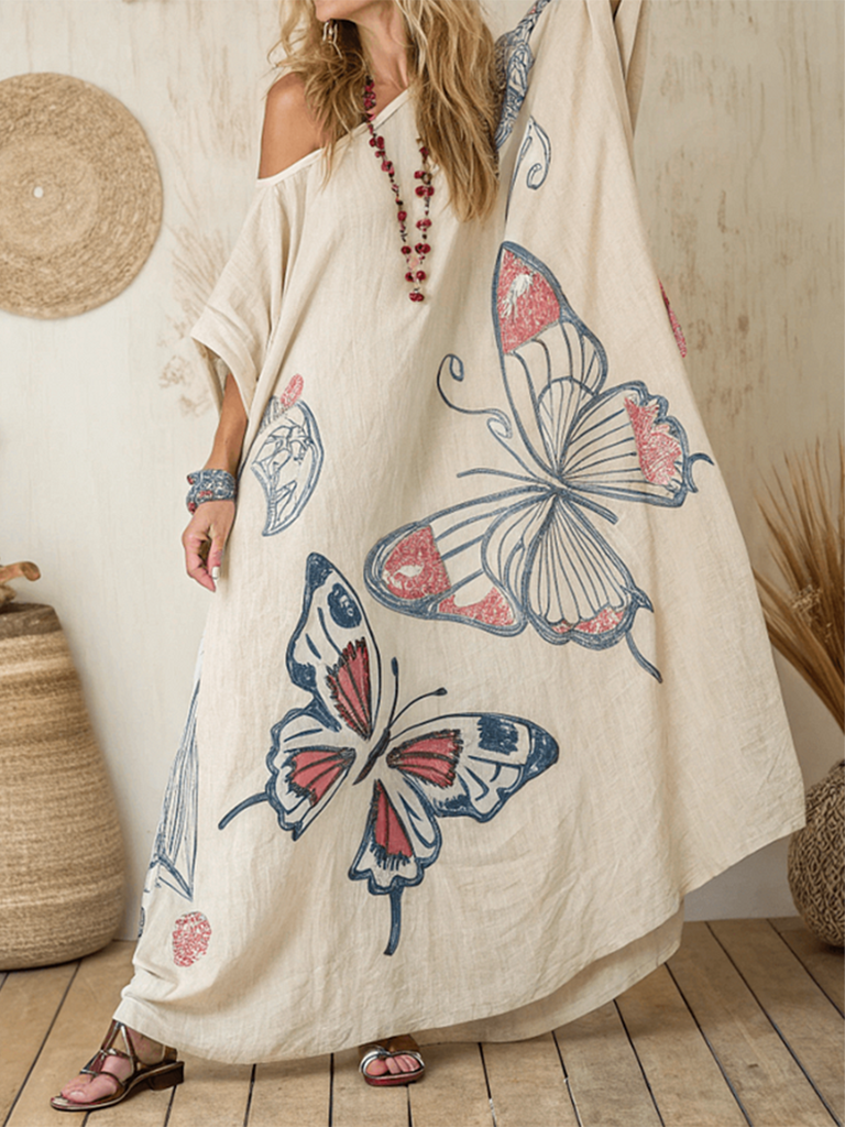 Nomad Spirit Ladies' Butterfly Art Linen Long Kaftan Dress elevenforest