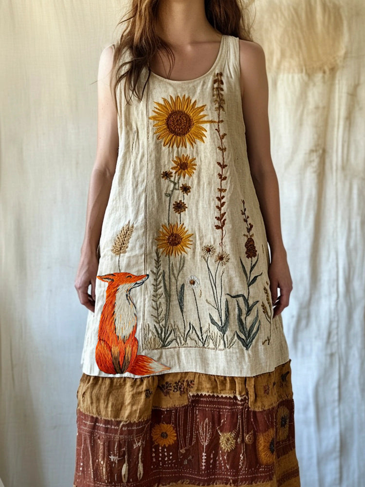 Farm Fox & Floral Embroidery Women's Linen Vest Dress elevenforest