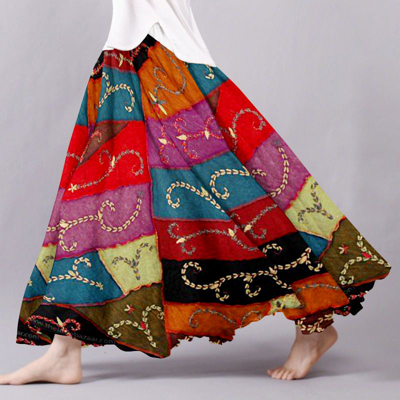 Boho Vintage Patchwork Flowy Wide Skirt elevenforest