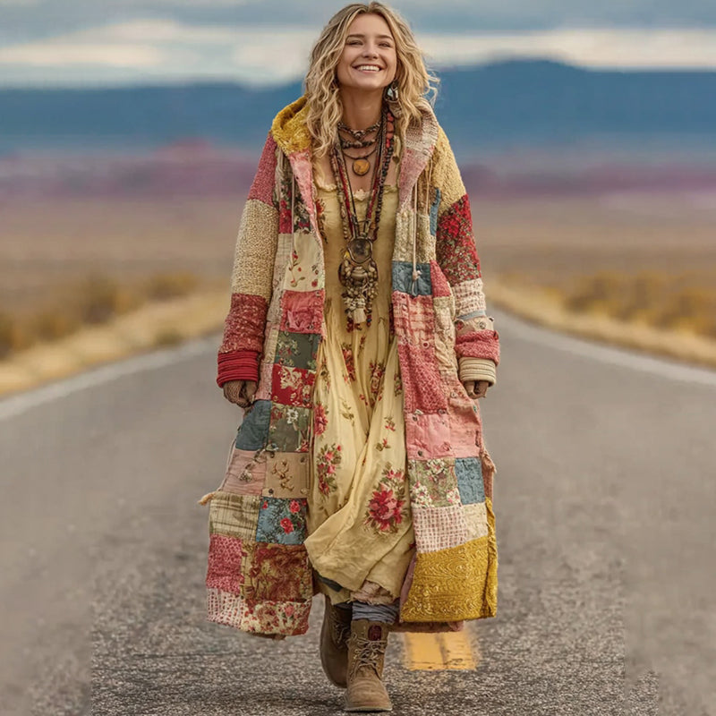 Women's Vintage Patchwork Floral Art Cozy Knit Hooded Long Cardigan elevenforest