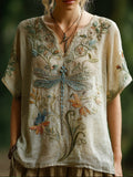 Vintage Cotton And Linen Dragonfly And Vine Pattern Worn-out V-neck Short-sleeved T-shirt elevenforest