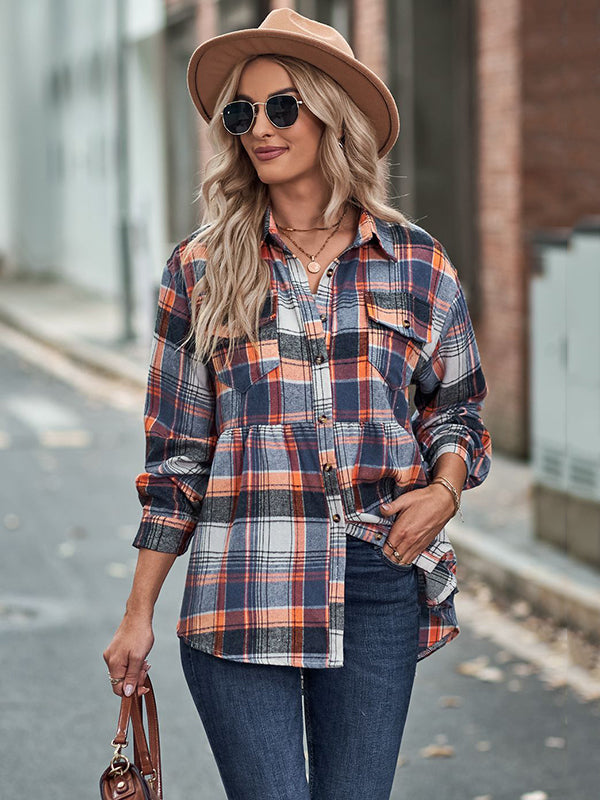 Loose Checkered Lapel Blouses&shirts Tops