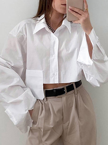 Long Sleeves Loose Asymmetric Buttoned Pockets Color Split-joint Lapel Blouses&shirts Tops