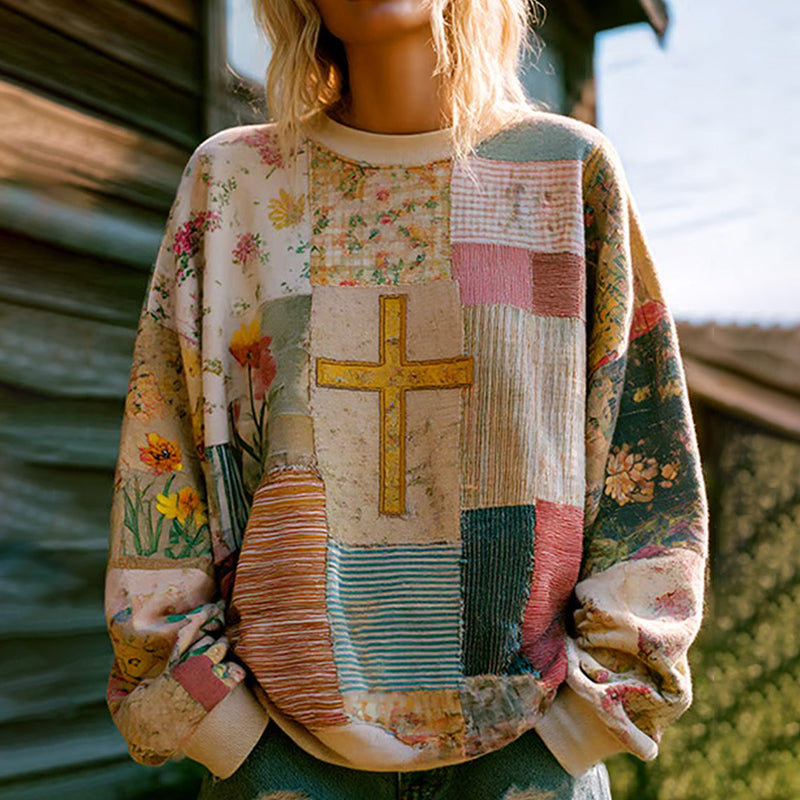 Women's Cross Floral Patchwork Cozy Sweatshirt elevenforest