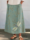 Women's Dragonfly Mushroom Print Cotton and Linen Pocket Skirt