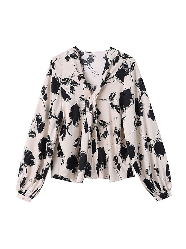 Loose Puff Sleeves Printed V-neck Blouses&shirts Tops