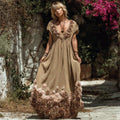 Vintage Dusty Rose Embroidered Women's Linen Flowy Maxi Dress elevenforest