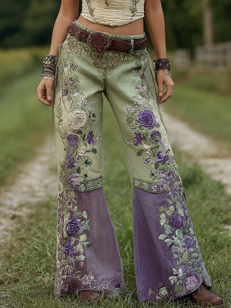 Women's Classy Gradient Purple Lavender And Floral Embroidered Art Loose Jeans elevenforest